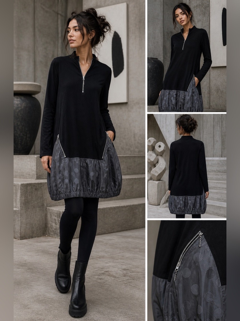 NWT Comfy USA Black Tunic Dress Gray Bubble Hem Zip Detail Size Small Lagenlook